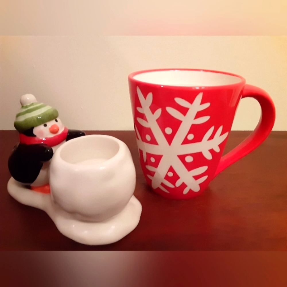 Hallmark Holiday Set: Penguin Candle Holder and Snowflake Mug
